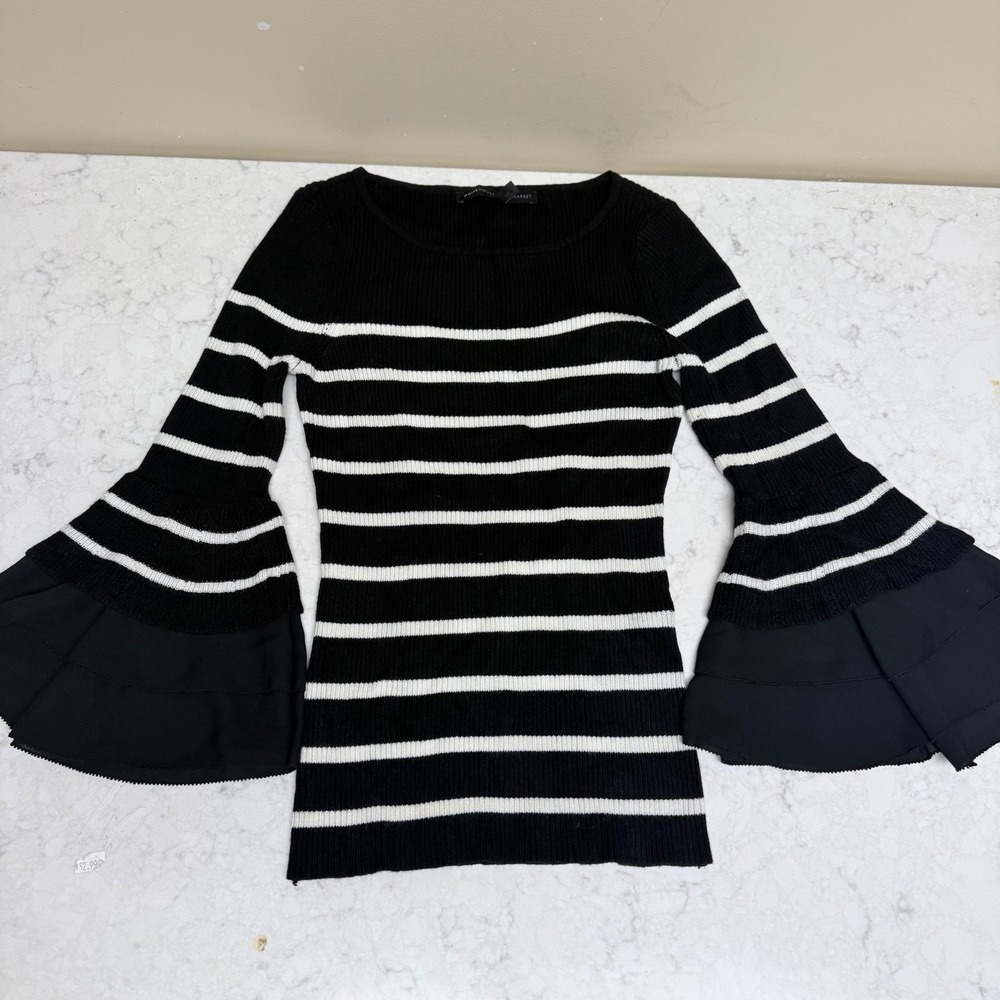 White House Black Market Black White Striped Ruffle Bell Sleeve Sweater XS